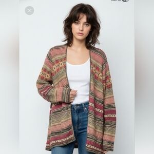 Chaps Pink Green Southwestern Cardigan Boho Open Aztec Western 1X